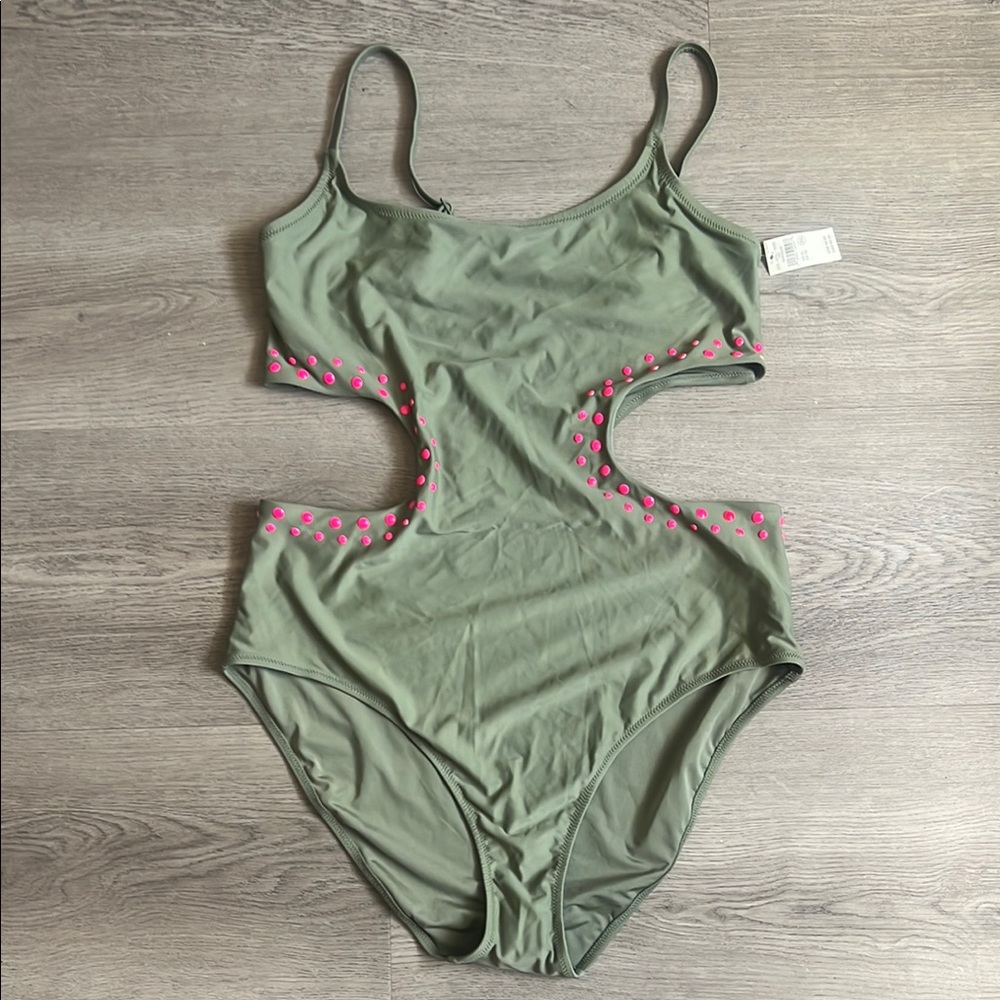 Green Cutout Swimsuit with Pink Accents